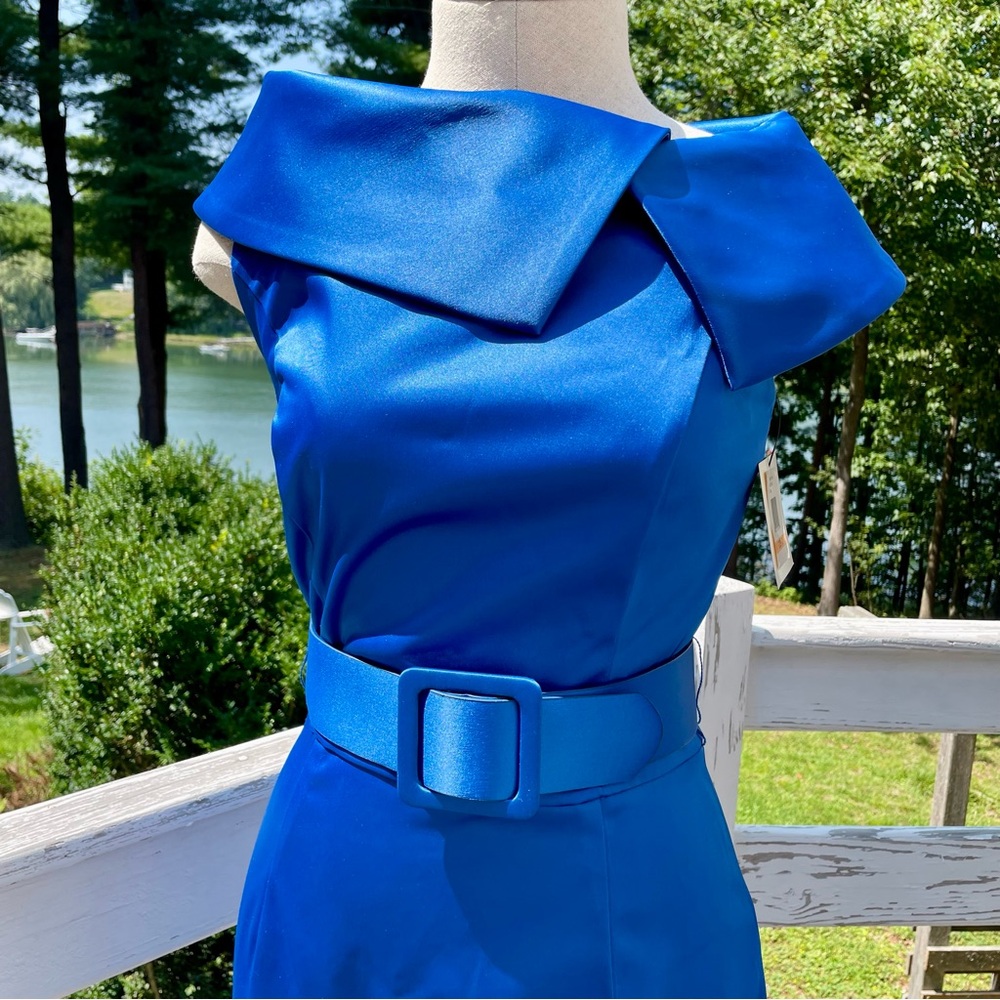 RARE NWT Ellen Tracy Vibrant Blue Pin Up 40’s Style Belted Dress Size: 2P - Picture 2 of 16
